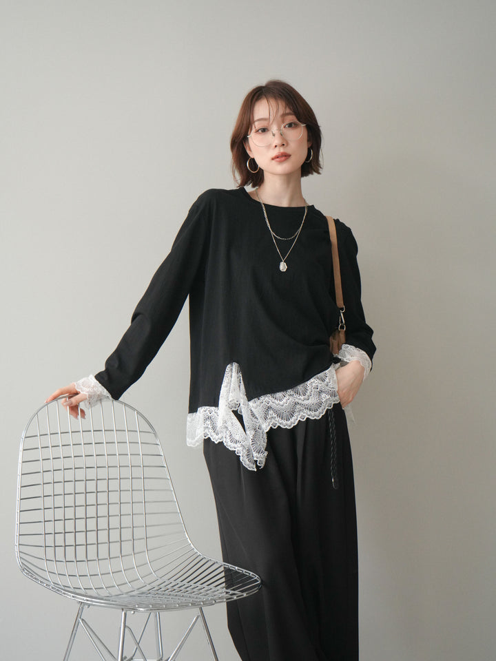 [予約]裾レースコンビカットソー/black