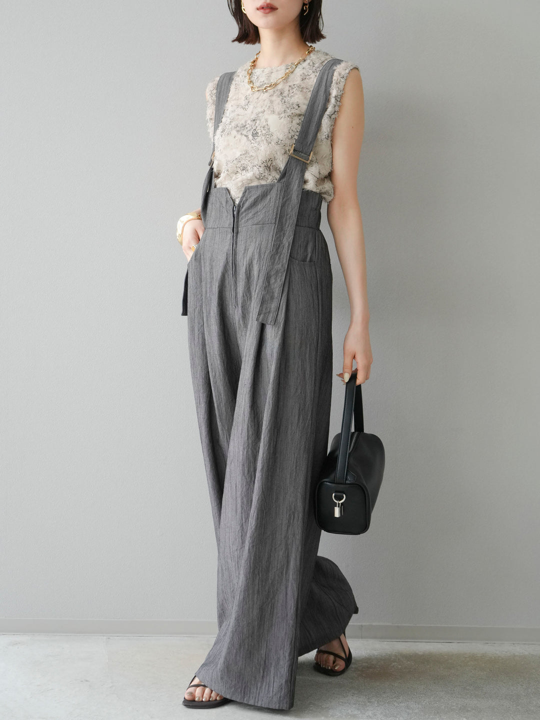 [予約]ストリングデザインハイウエストサロペット/チャコール