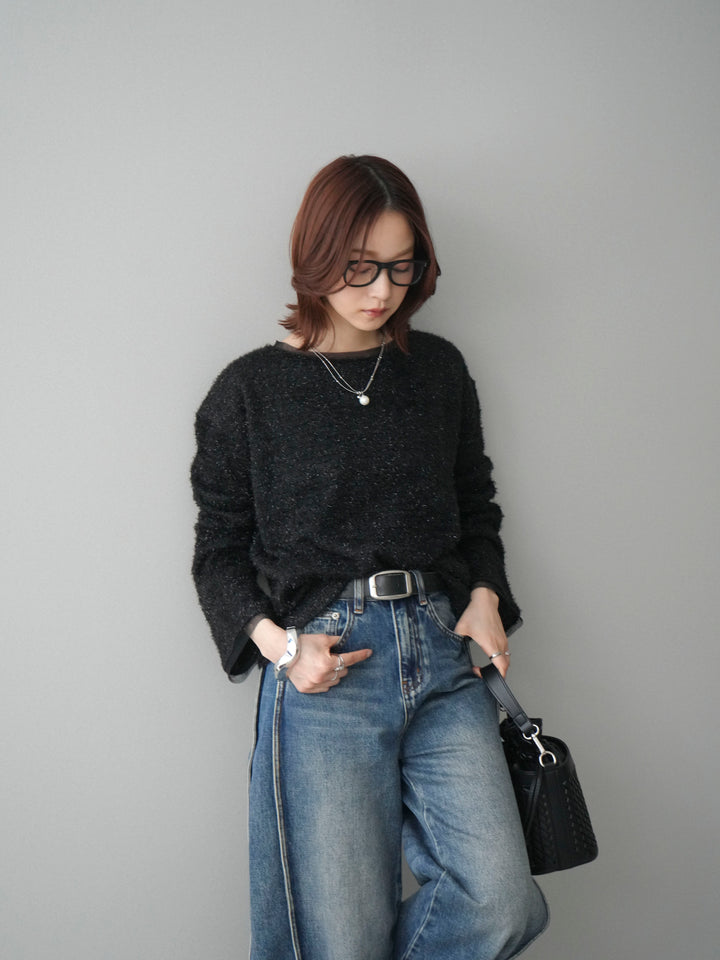 [SET]ラメシャギートップス+サイド切替カーブデニムパンツ(2set)