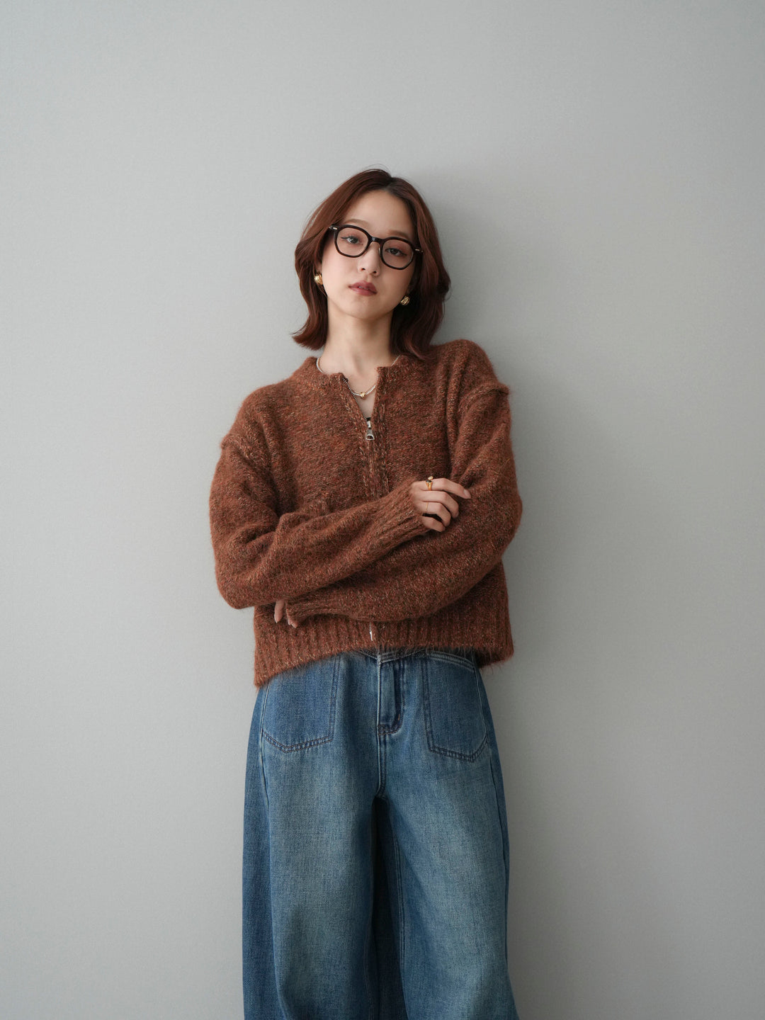 [SET]ミックスヤーンダブルZIPニットカーディガン+ベルト付裏起毛カーブデニムパンツ(2set)