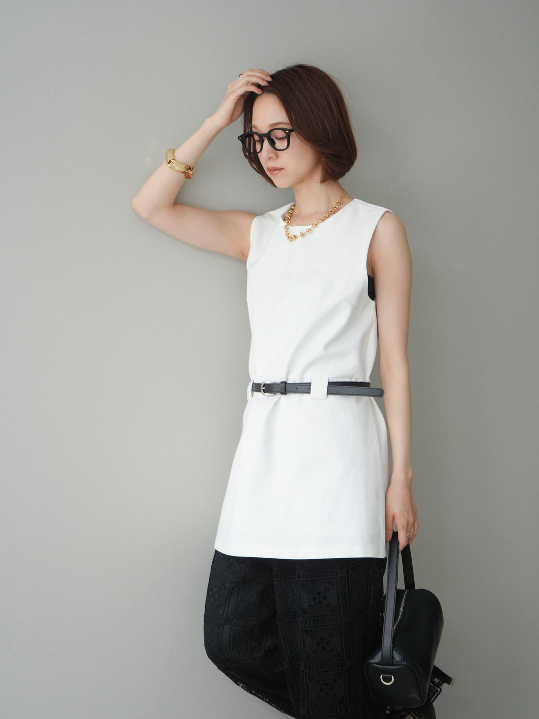 [SET]ベルト付リネンライクノースリチュニック+パネルレースイージーパンツ(2set)