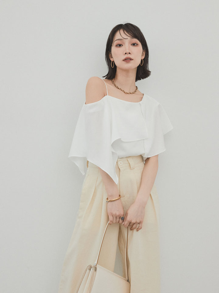 [SET]ワンショルラッフルブラウス+リネンタッチタックワイドパンツ (2set)