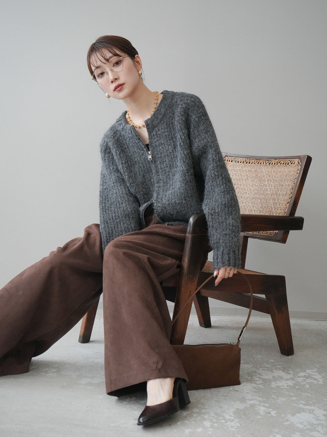 [予約]MIXヤーンモヘアタッチZIPニットカーディガン/gray