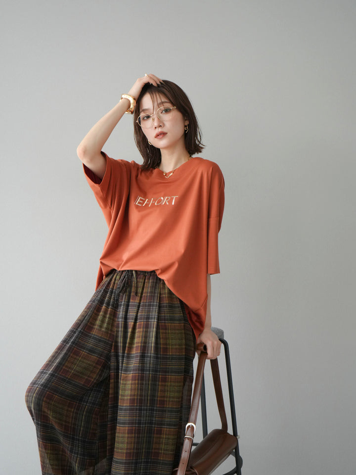 [予約]異素材メタリックロゴ刺繍×プリントTシャツ/オレンジ