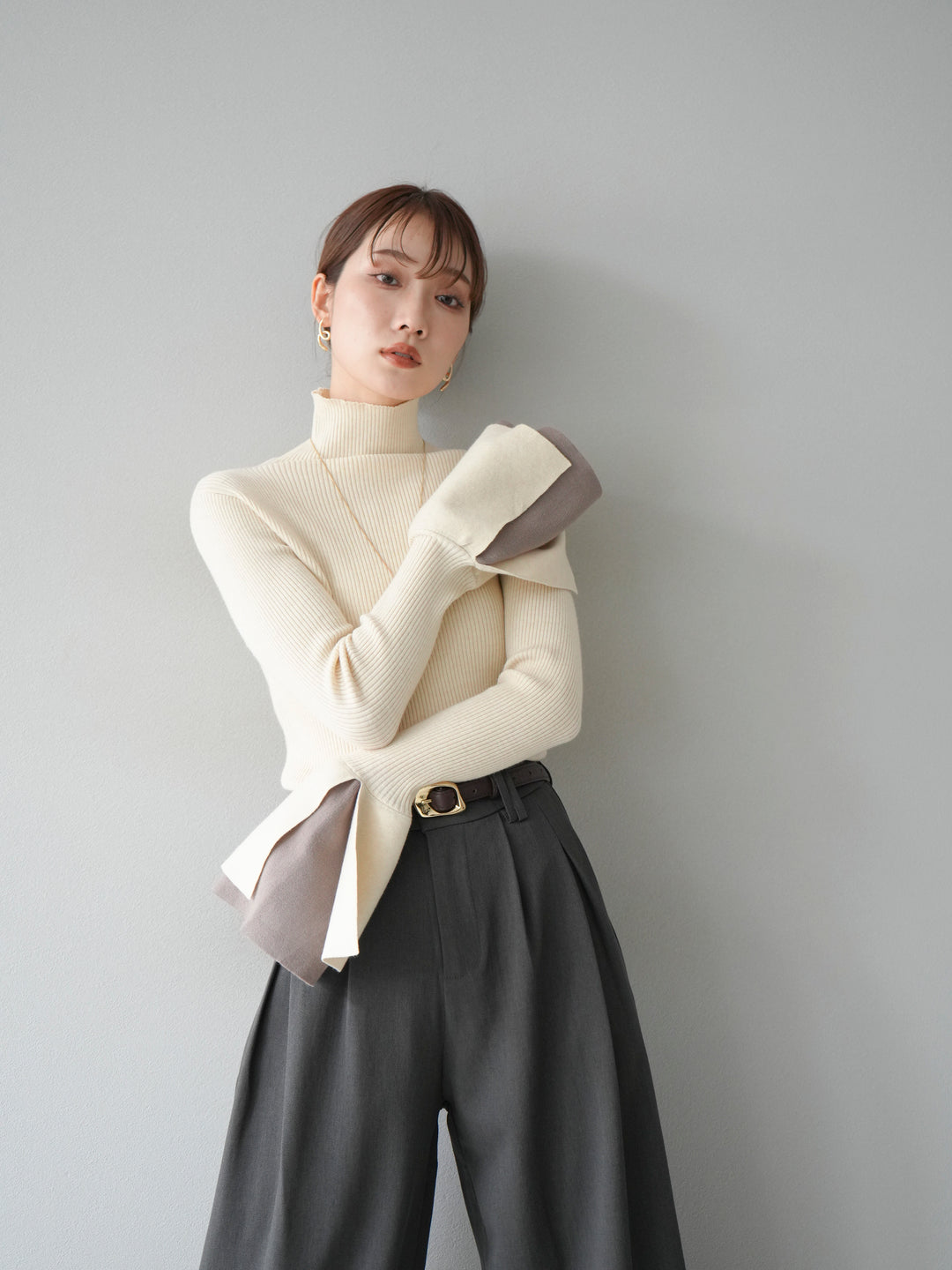 [3]ヘンリーネック配色リブニットトップス/アイボリー