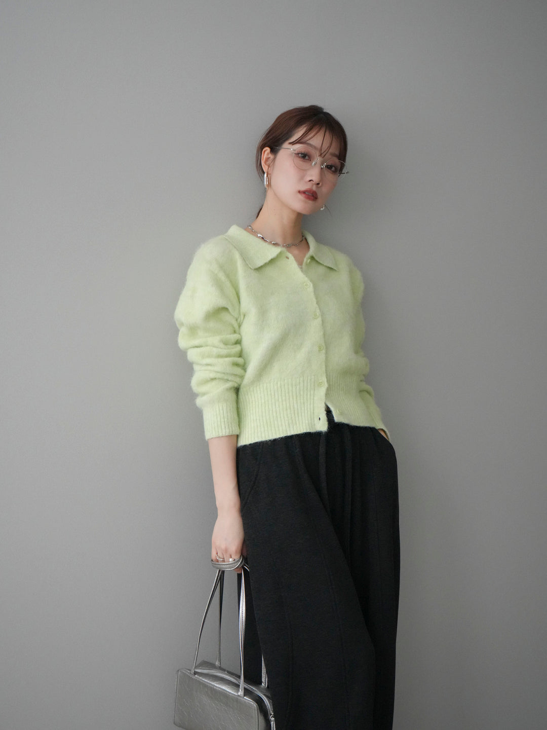 [予約]モヘア衿付きボタンプルオーバー/lime