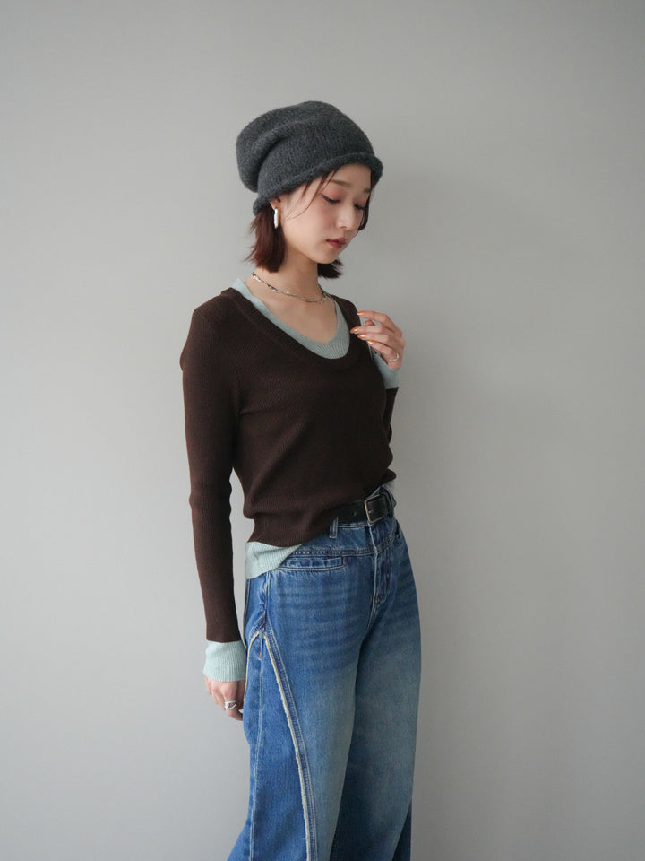 [SET]Uネック配色レイヤードリブニットトップス+サイドフリンジワイドデニムパンツ(2set)