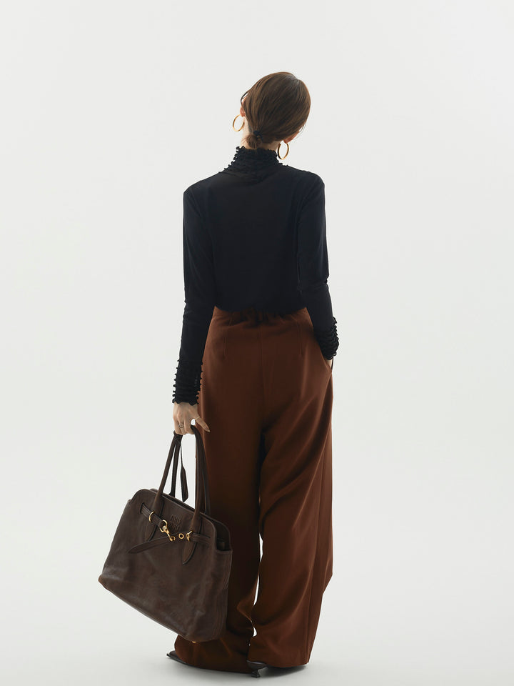 【Allure】[SET]シアーフリルメロートップス+ラップデザインタックワイドパンツ(2set)