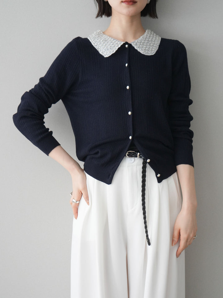 [SET]ビジュー襟パールボタンニットカーディガン+編み込みベルト付タックワイドパンツ(2set)