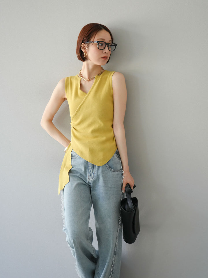 [SET]カシュクールノースリーブニットトップス+ラインレースデニムパンツ(2set)