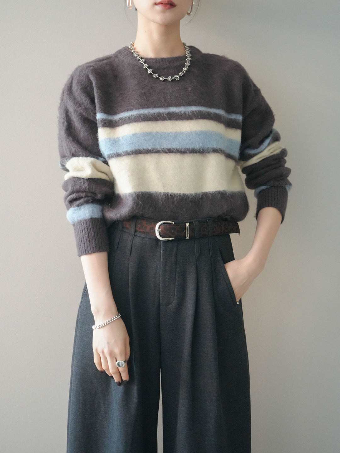 [予約]ソフトタッチボーダークロップドニットプルオーバー/brown