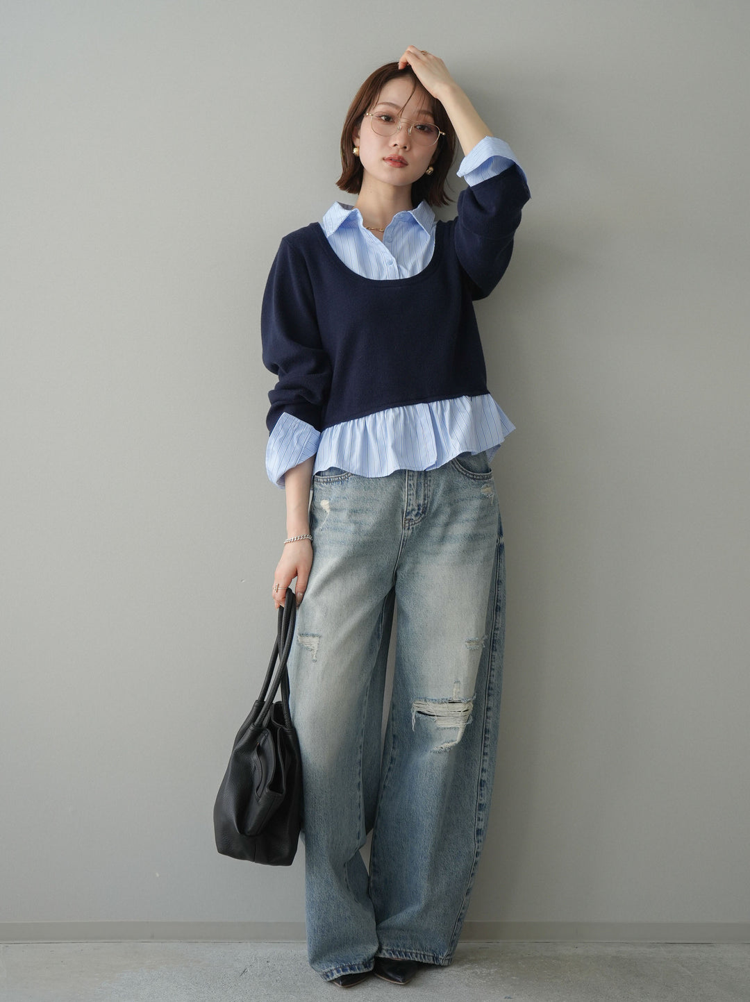 [SET]ストライプシャツUネックドッキングニットプルオーバー+ダメージデニムセミワイドパンツ(2set)