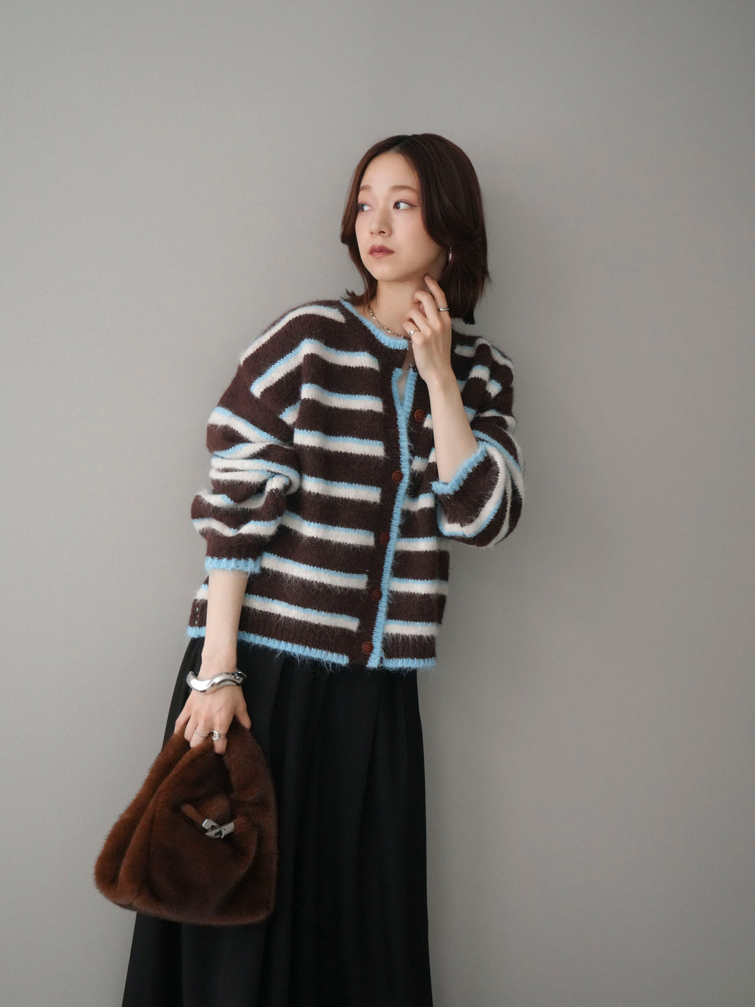 [SET]ウールタッチ配色ボーダーニットカーディガン+テープベルトタックバギーパンツ(2set)