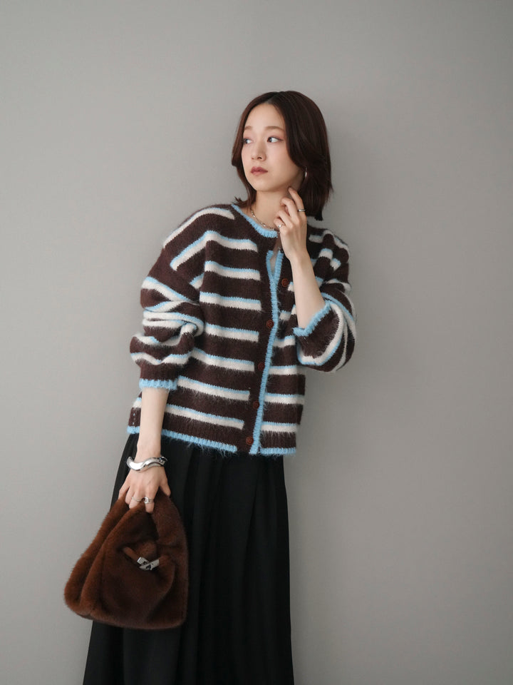 [SET]ウールタッチ配色ボーダーニットカーディガン+テープベルトタックバギーパンツ(2set)