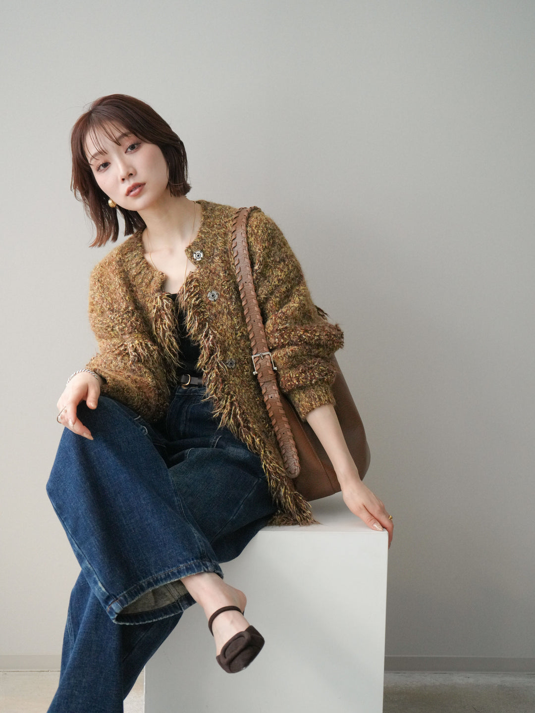 [SET]ミックスヤーンフリンジデザインニットジャケット+裏起毛加工デニムカーブパンツ(2set)