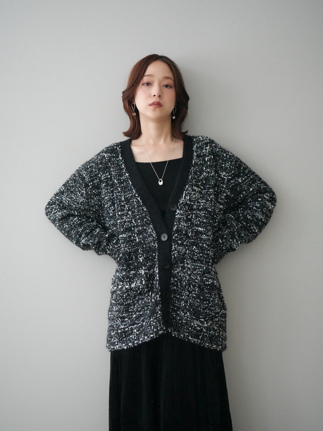 [SET]モールネップニットカーディガン+ベロアティアードワッシャースカート(2set)