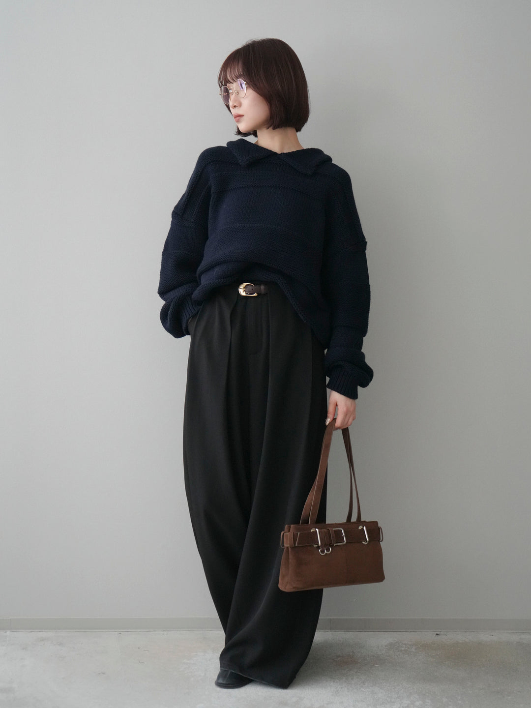 [予約]襟付きボーダー編みニットプルオーバー/navy