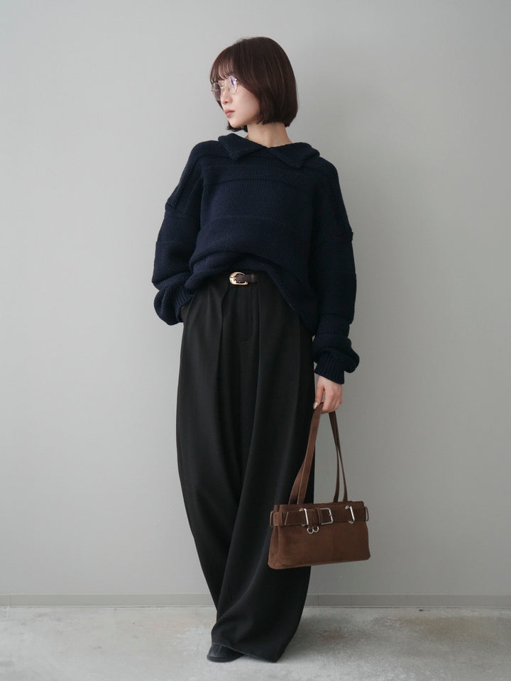 [予約]襟付きボーダー編みニットプルオーバー/navy