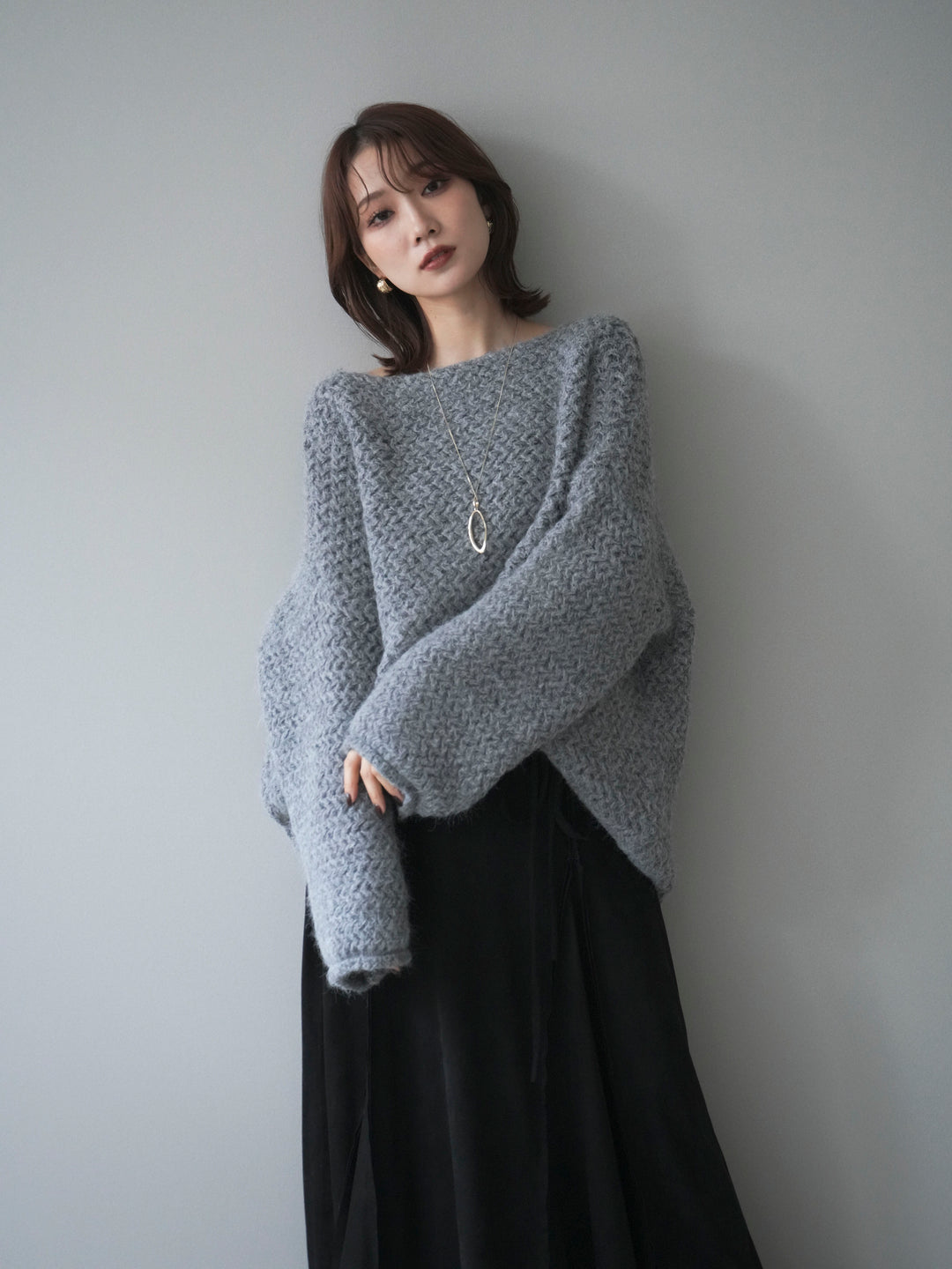 [予約]ワッフル編みオーバーニットプルオーバー/gray