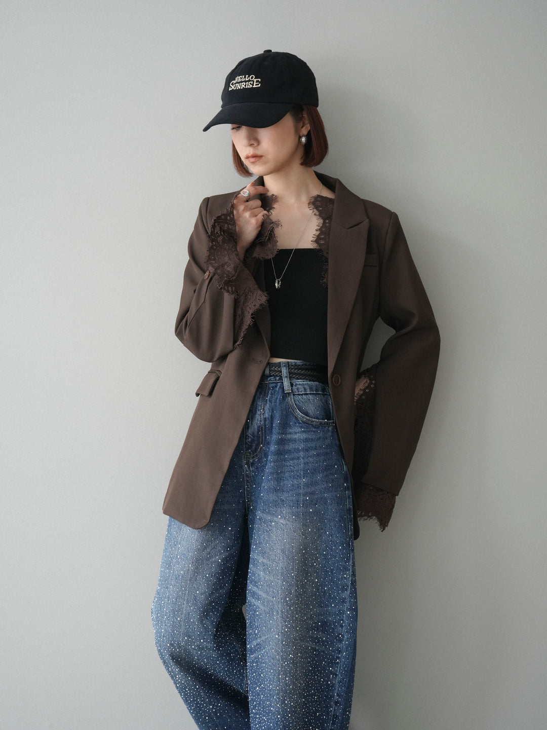 [予約]レースレイヤードスリットジャケット/brown