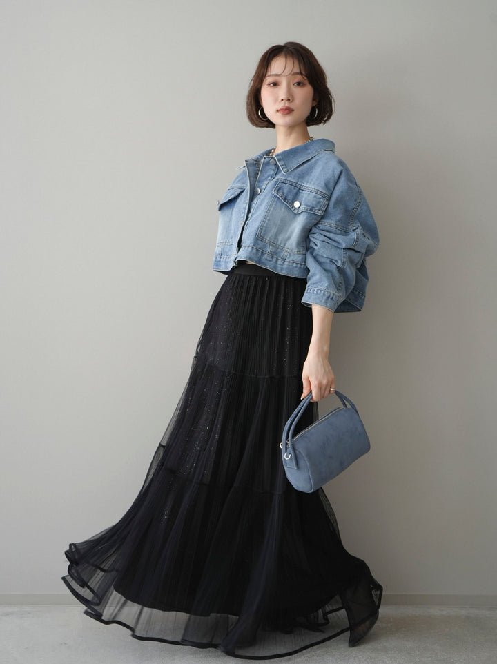 [予約]ラメプリーツレイヤードチュールロングスカート/black