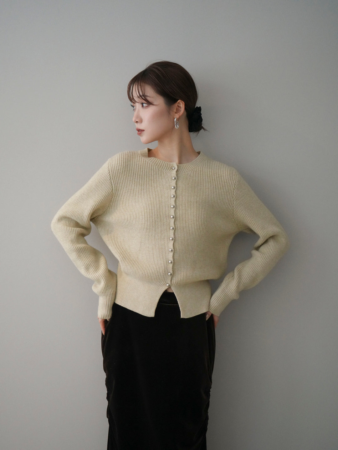 [予約]シルバーボタン畦編みニットカーディガン/ivory