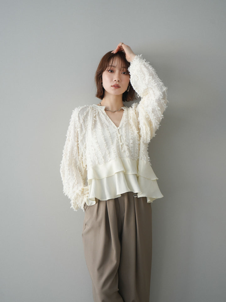 [SET]ジャガードぺプラムフリルブラウス+ジャガードぺプラムフリルブラウス(2set)