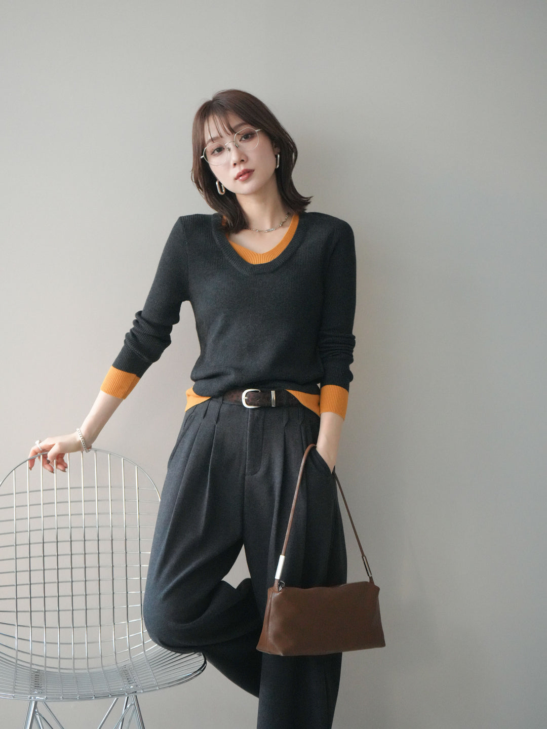 [SET]Uネック配色レイヤードリブニットトップス+Uネック配色レイヤードリブニットトップス(2set)