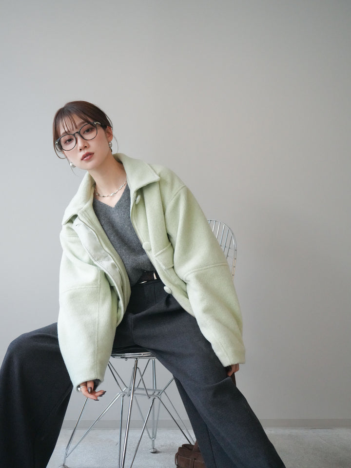 [SET]ウールライクフライトジャケット+シュシュ付きアンゴラタッチVネックニットプルオーバー+アニマル柄ベルト付きウールタッチワイドパンツ(3set)