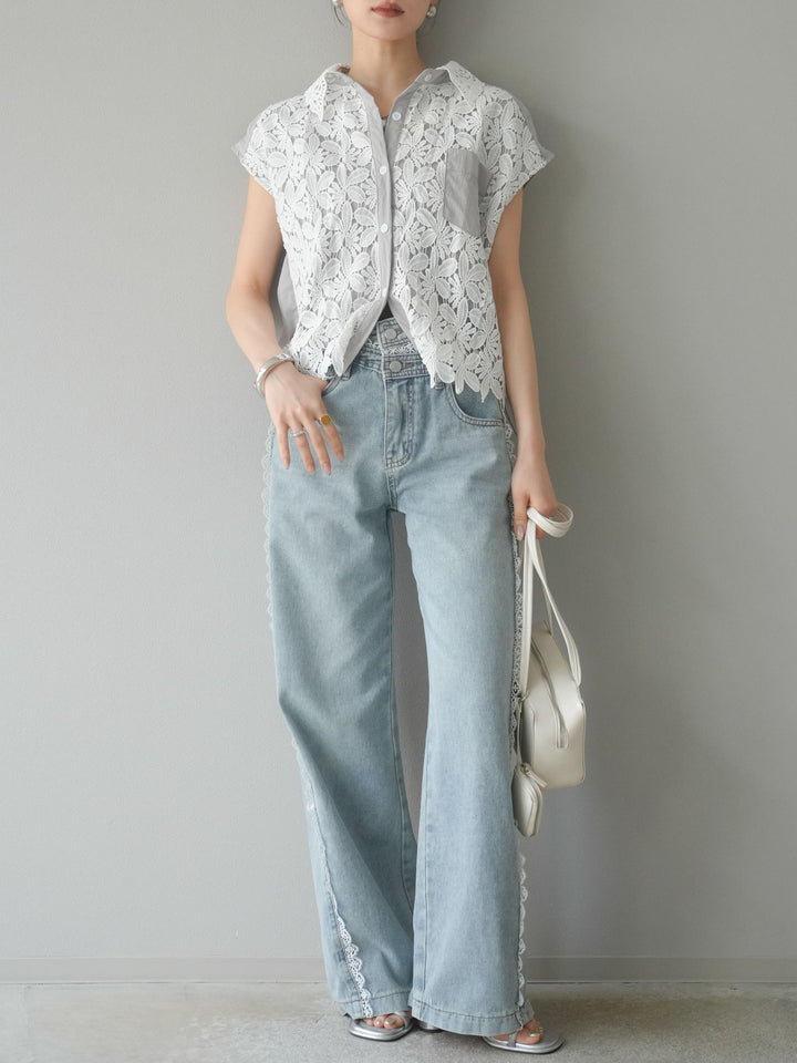 [予約]レースレイヤードドロストシャツ/グレー