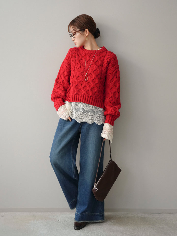 [SET]バルキーケーブルクロップドニットプルオーバー+チュールレーストップス+裏起毛裾フリンジワイドデニムパンツ(3set)