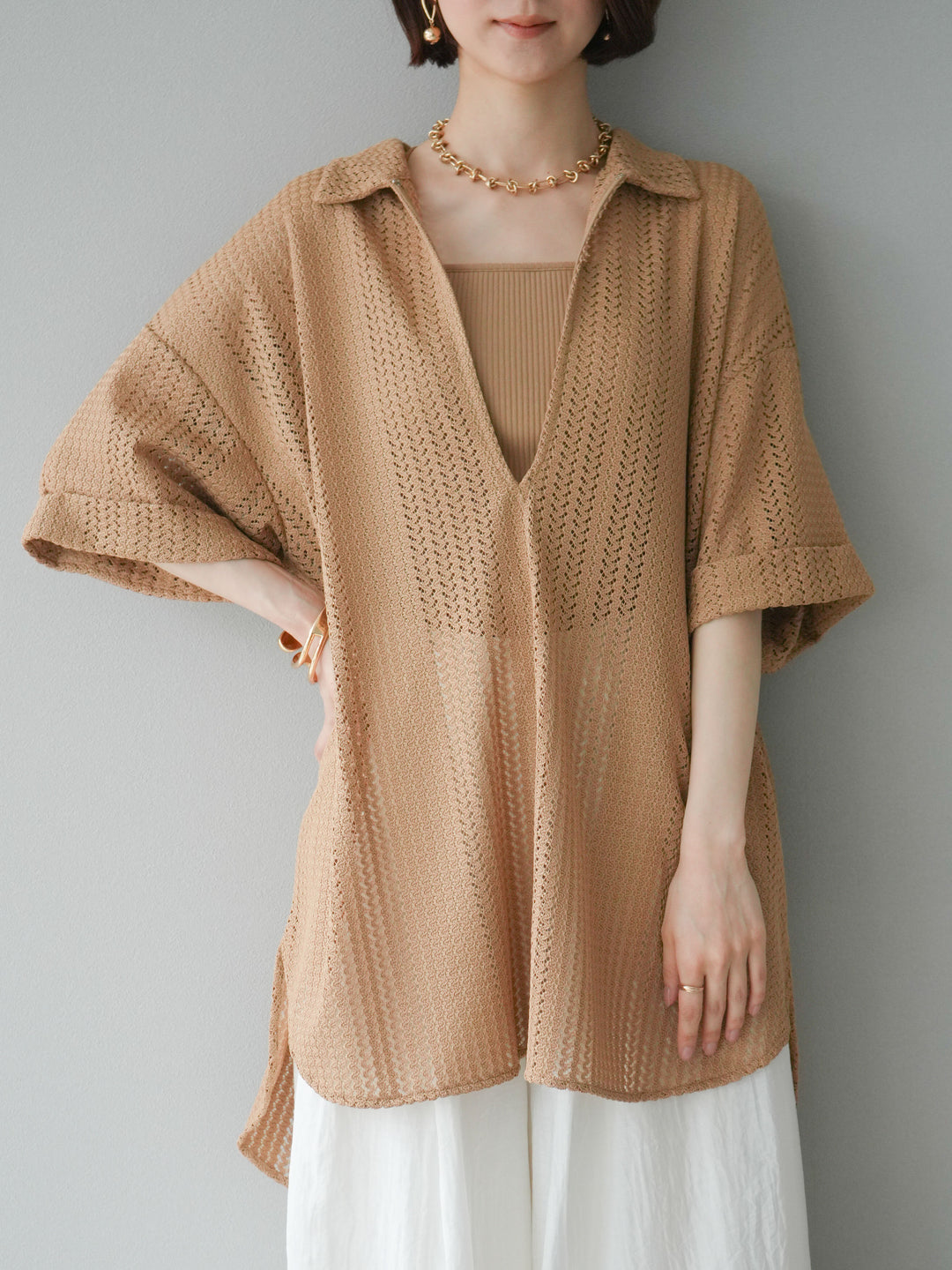 【預購】鏤空蕾絲兩用套頭衫/米色