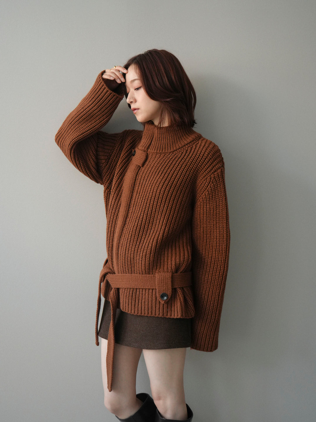 [予約]畦編みボトルネックZIPニットカーディガン/brown
