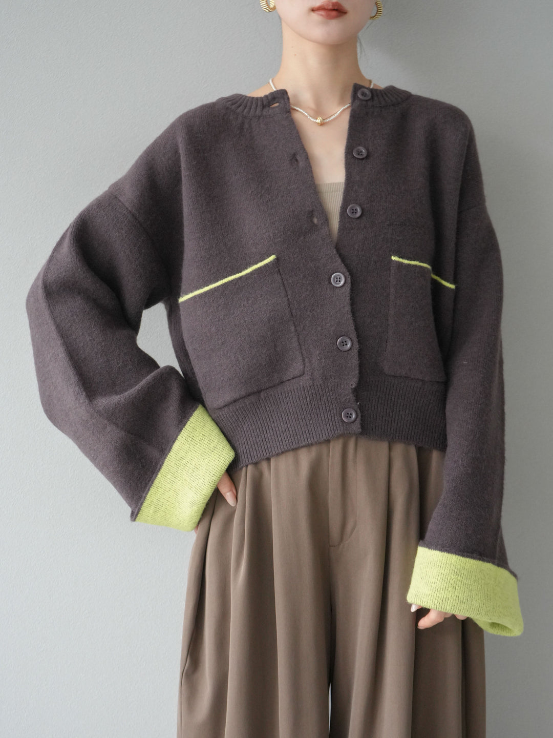 【SET】雙色針織開襟衫+褶襉設計寬褲（2套）