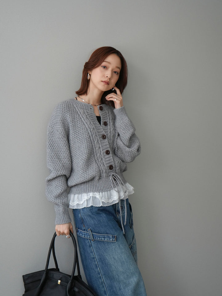 [SET]裾レースケーブルニットカーディガン+ペインターカーブデニムパンツ(2set)