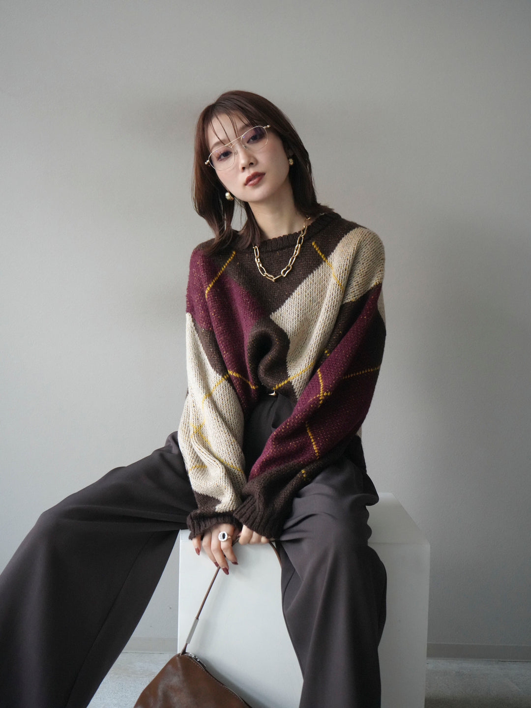 [予約]配色ステッチアーガイル柄ニットプルオーバー/brown