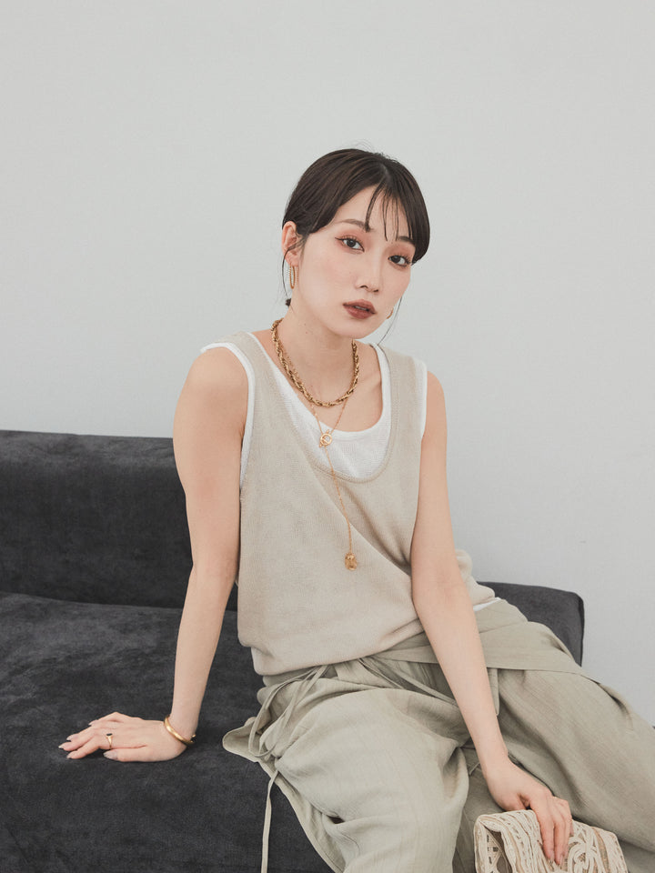 [SET]バイカラーレイヤードニットタンクトップ+ワッシャーサテンレイヤードスカートパンツ(2set)