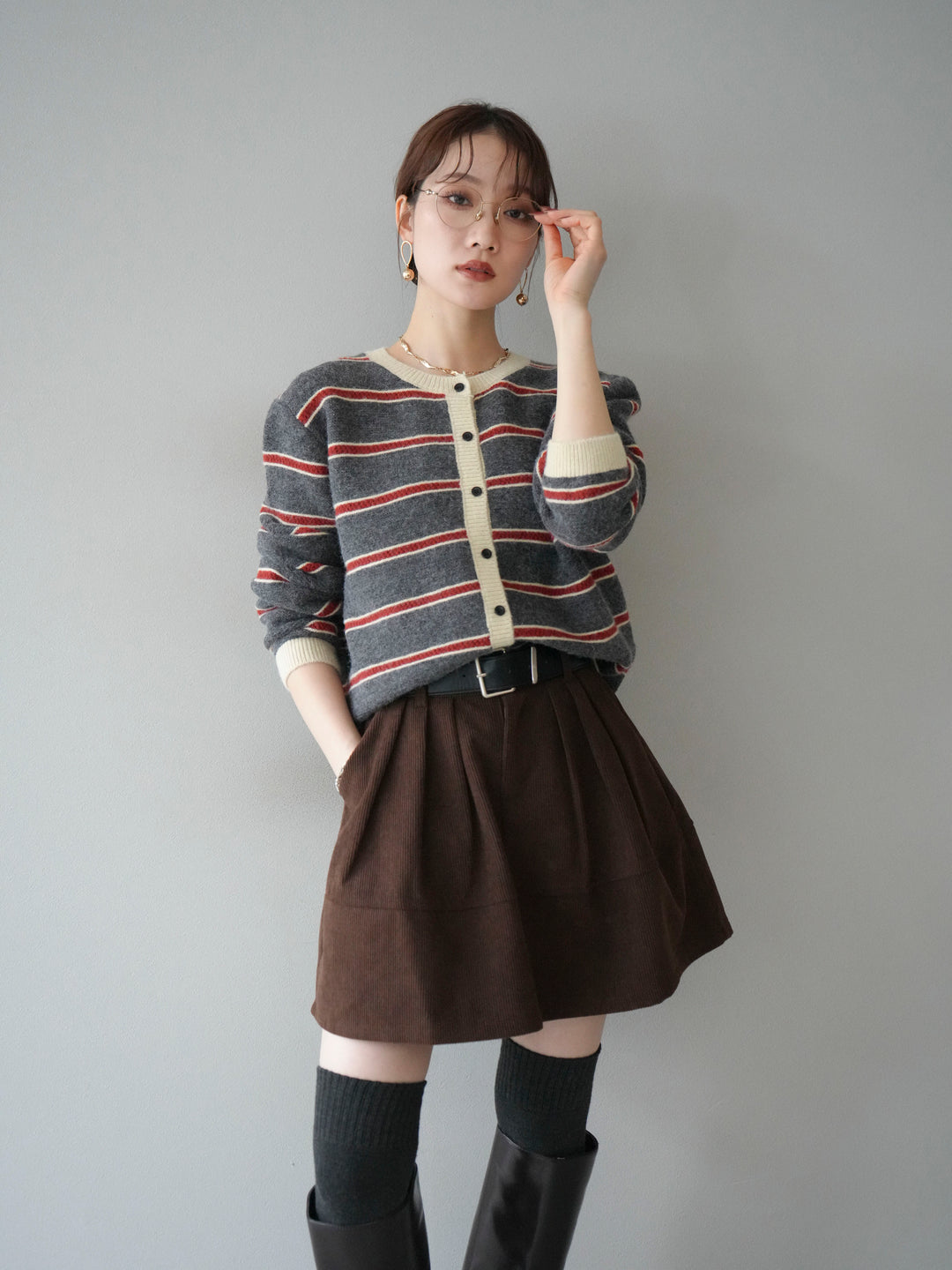 [予約]配色ボーダーニットカーディガン/gray