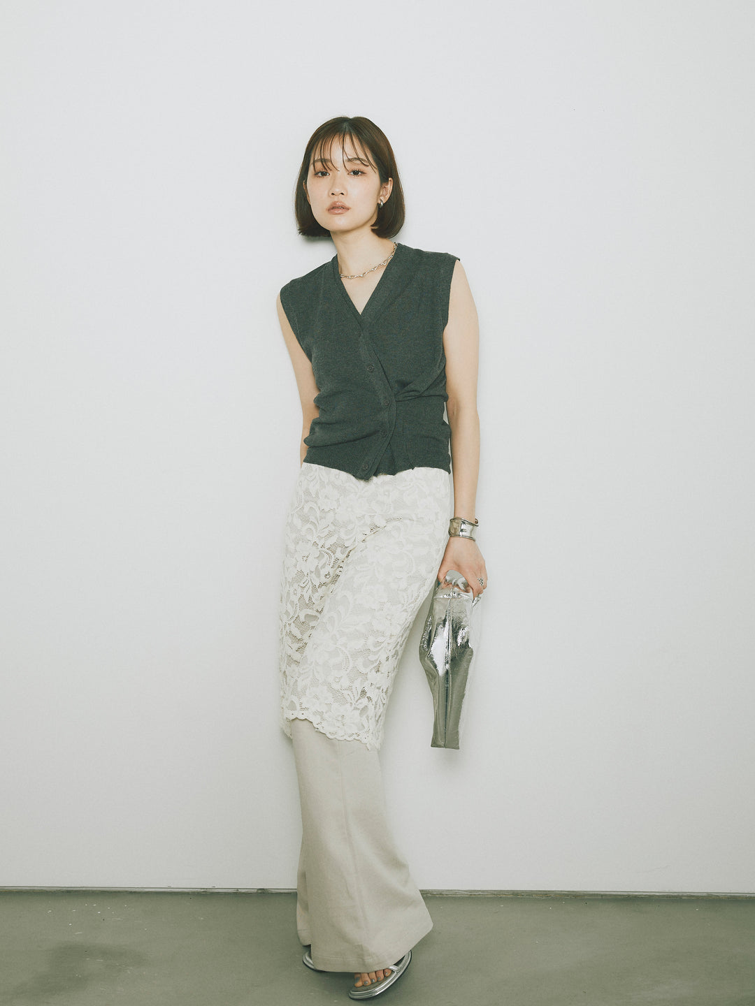 [SET]2WAYデザインニットベスト+レイヤードスカートセットフレアパンツ(2set)