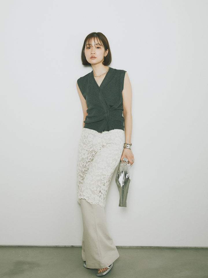 [SET]2WAYデザインニットベスト+レイヤードスカートセットフレアパンツ(2set)