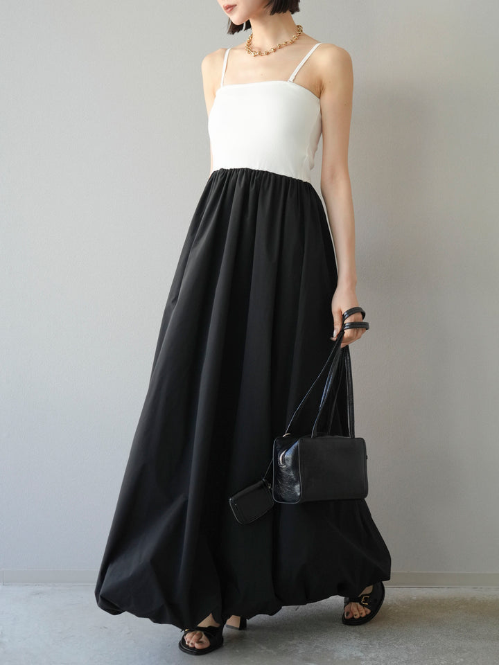 [予約]異素材ドッキングカップ付ベアキャミバルーンワンピース/オフブラック