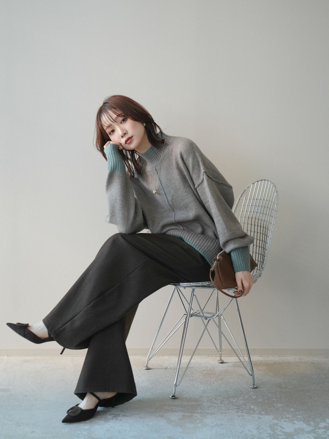 [予約]配色ハイネックニットプルオーバー/mosugraymint