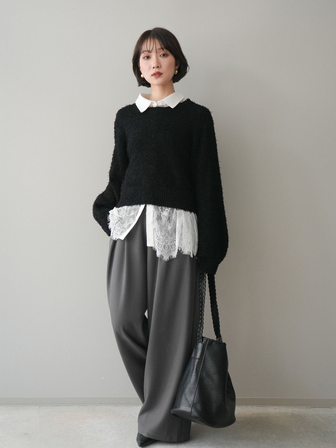 [予約]ウエストレースタックワイドパンツ/gray