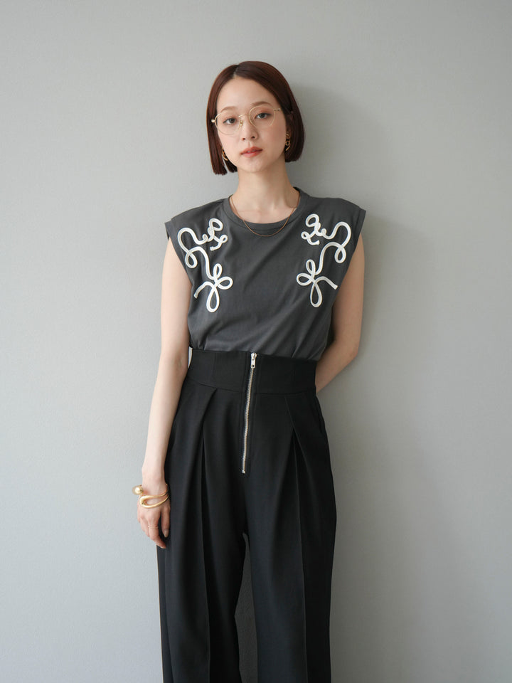 [SET]コード刺繍フレンチスリーブTシャツ+ジップタックワイドパンツ(2set)