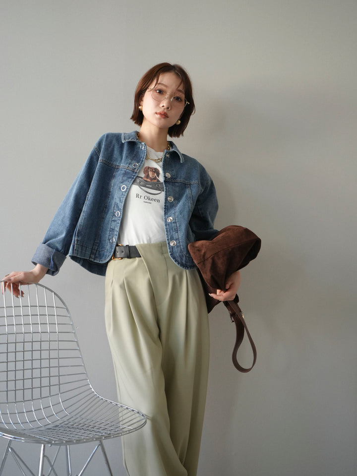 [SET]ラウンドカットコンパクトデニムジャケット+ドッグコンパクトTEE(2set)