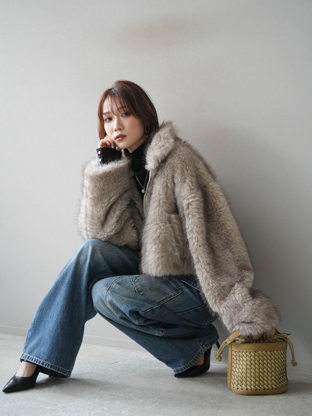 [予約]フェイクファーショートZIPジャケット/beigemix