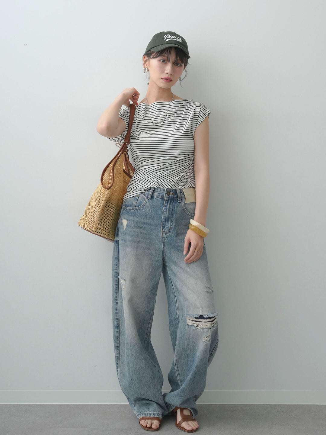 [SET]アシメギャザーカットソー+ダメージデニムセミワイドパンツ(2set)