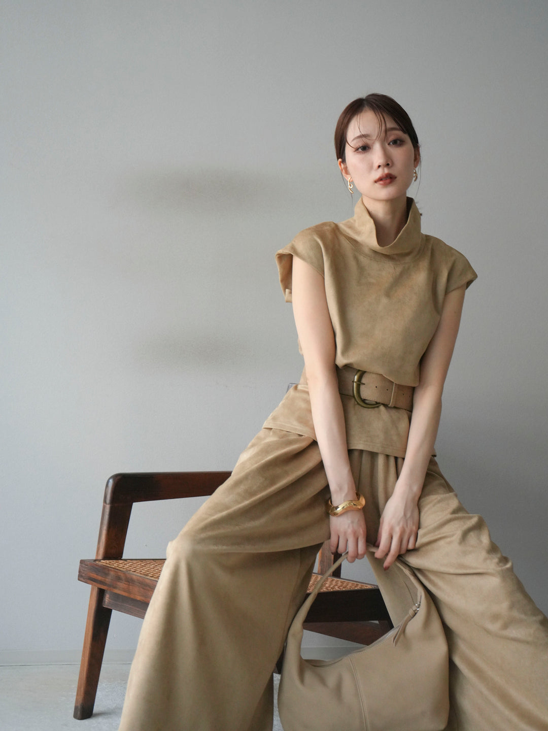 [SET]ベルト付スエードハイネックプルオーバー＆ワイドパンツSET UP