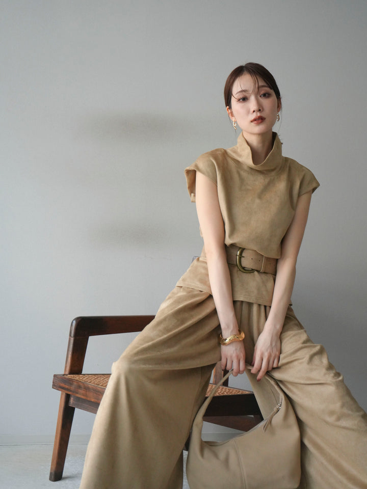 [SET]ベルト付スエードハイネックプルオーバー＆ワイドパンツSET UP