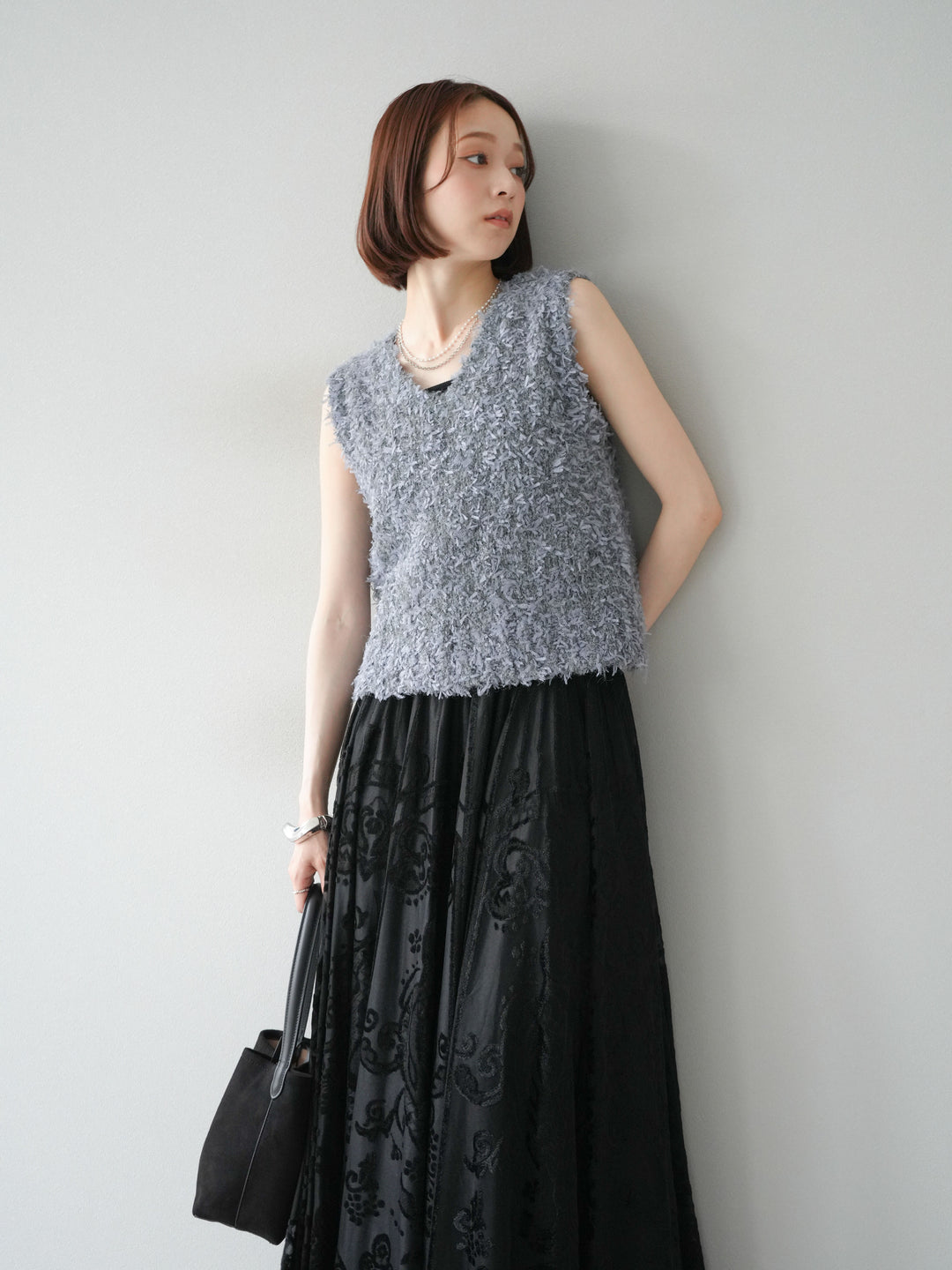 [予約]テープヤーンフリンジニットベスト/グレー